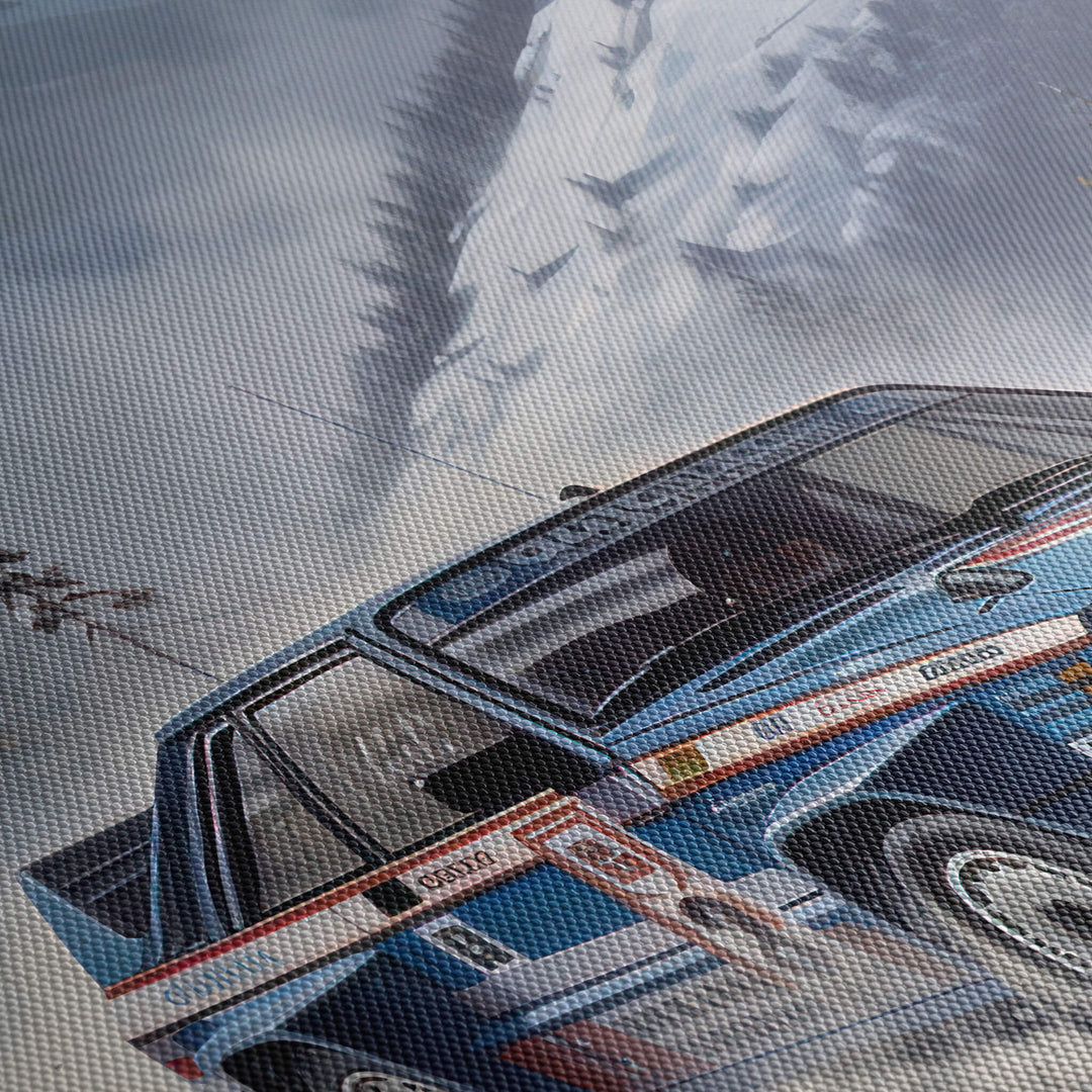 High-quality close-up of the canvas print's texture and stunning details of the Lancia Delta Integrale's winter racing.