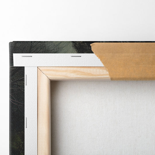 Detailed image of the back of the canvas print, specifically the top left corner of the canvas showing the canvas folded.