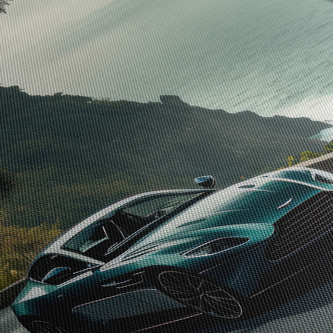 Close-up of the texture and high-quality detail of the canvas print featuring a green Aston Martin on a Hawaiian coastal road.