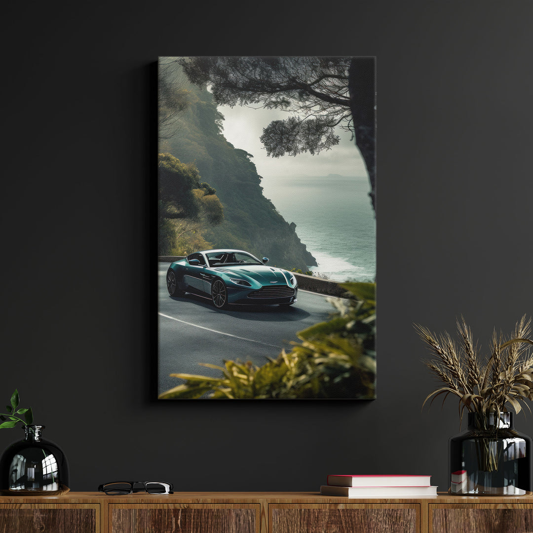 Sleek canvas print of a green Aston Martin on a Hawaiian coastal road, mounted on 1.5” stretcher bars, displayed on a black wall.