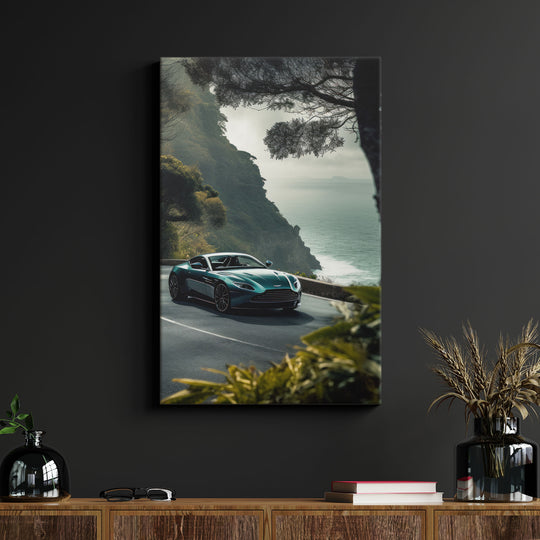 Sleek canvas print of a green Aston Martin on a Hawaiian coastal road, mounted on 1.5” stretcher bars, displayed on a black wall.