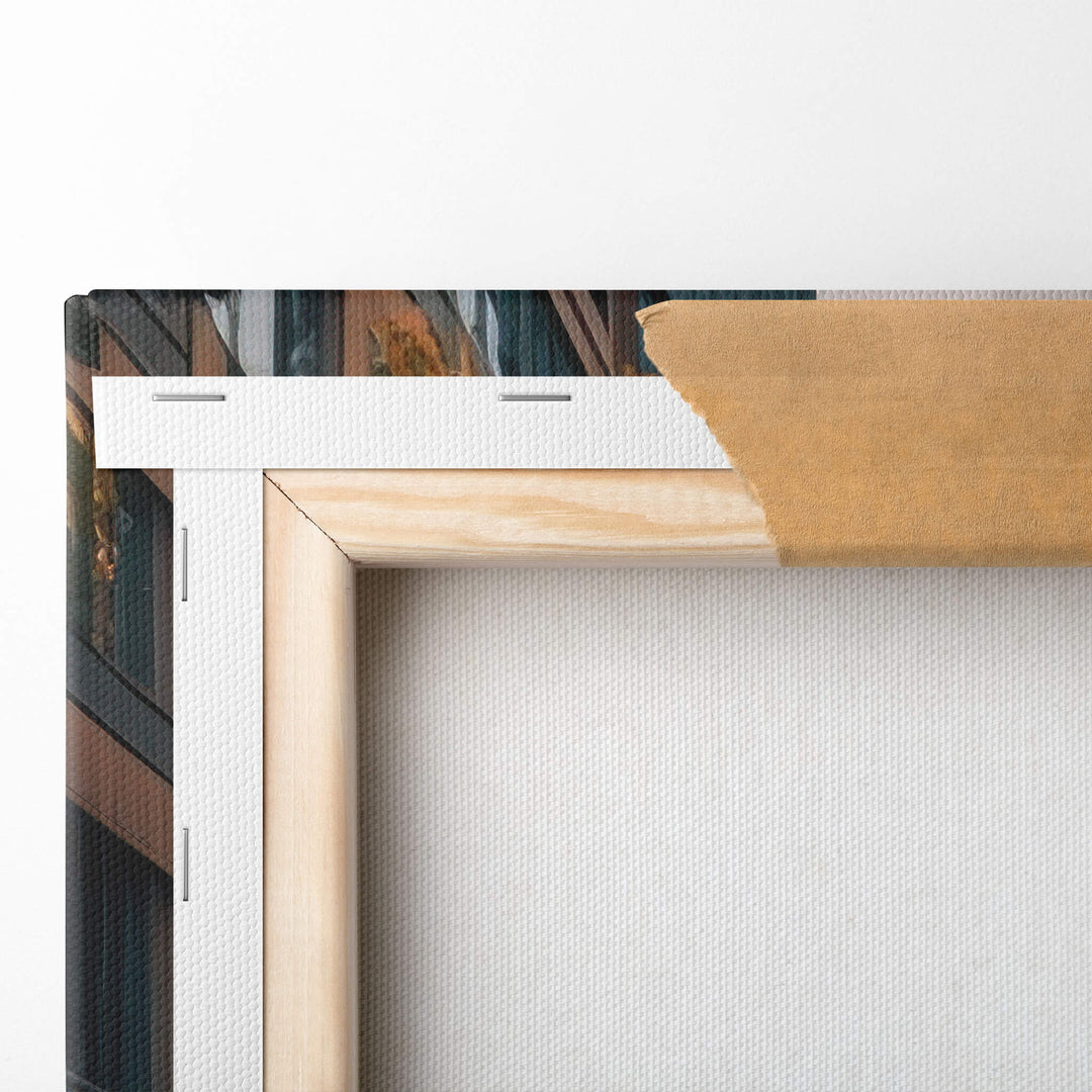 Detailed view of the corner and wood frame of a high-quality canvas print of yellow Lamborghini on 1.5” stretcher bars.