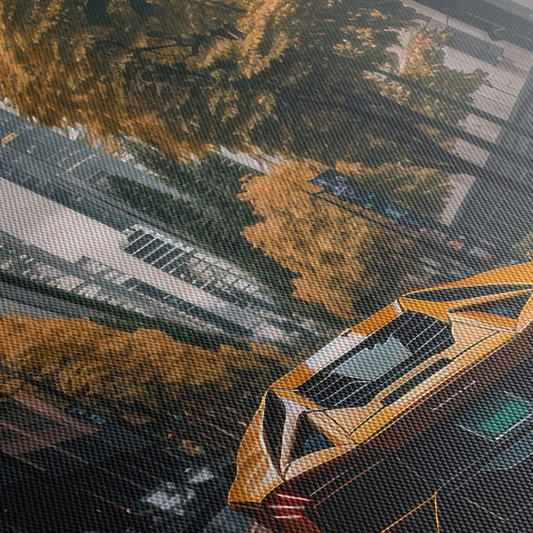 High-quality canvas print of yellow Lamborghini captures the luxuriant autumn vibe in stunning detail.
