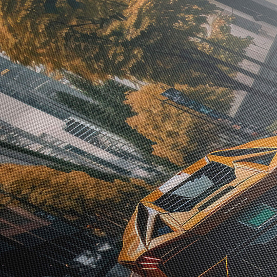 High-quality canvas print of yellow Lamborghini captures the luxuriant autumn vibe in stunning detail.