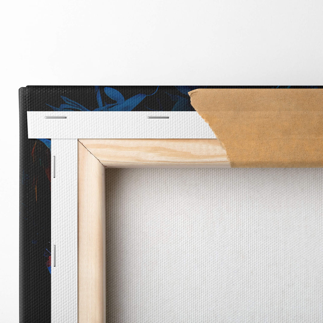 Detailed back corner of Avatar 2 canvas print, folded and stapled to high quality stretcher bars, for maximum quality.