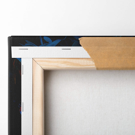 Detailed back corner of Avatar 2 canvas print, folded and stapled to high quality stretcher bars, for maximum quality.
