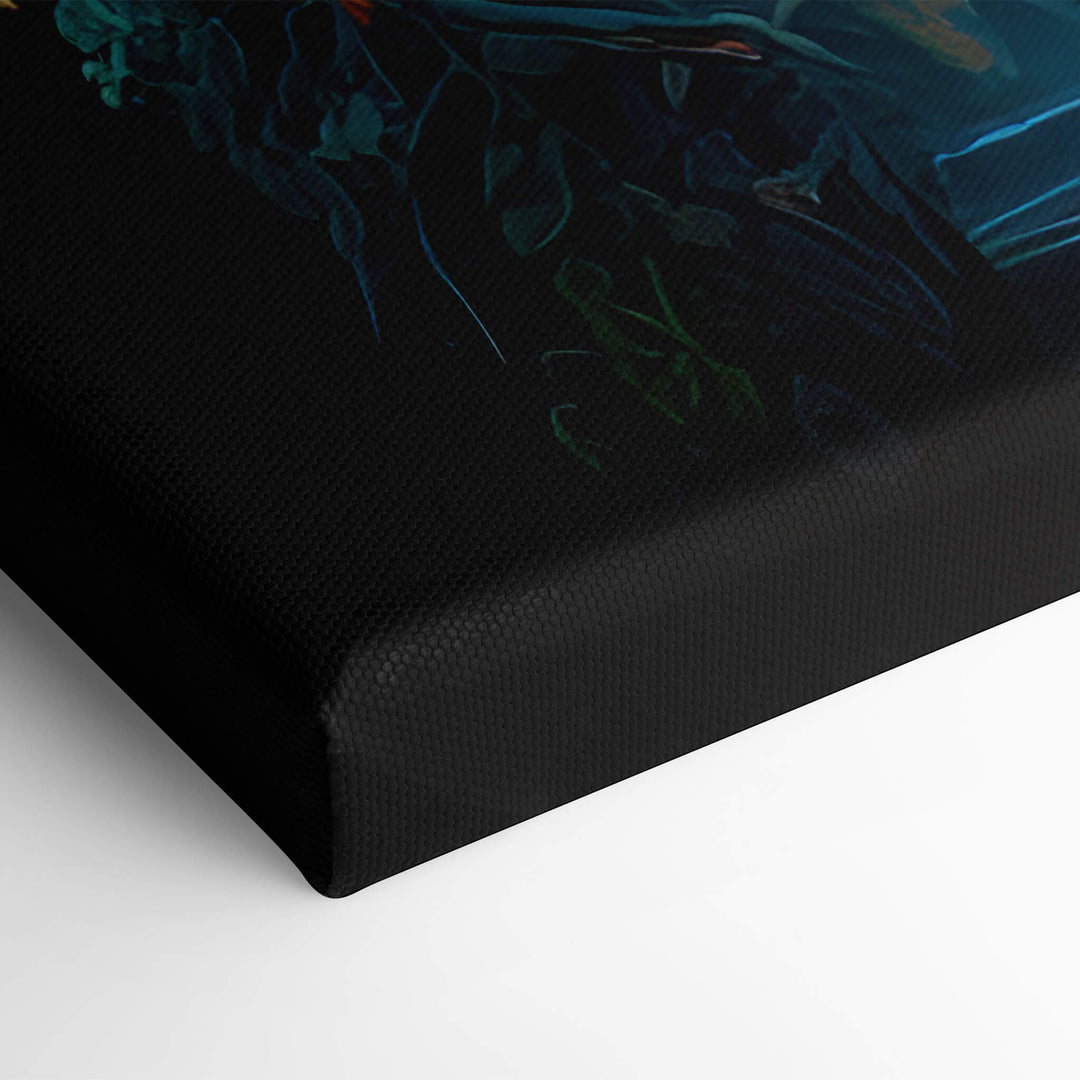 Elevated view of corner of Avatar 2 canvas print, highlighting expert stretching over stretcher bars.