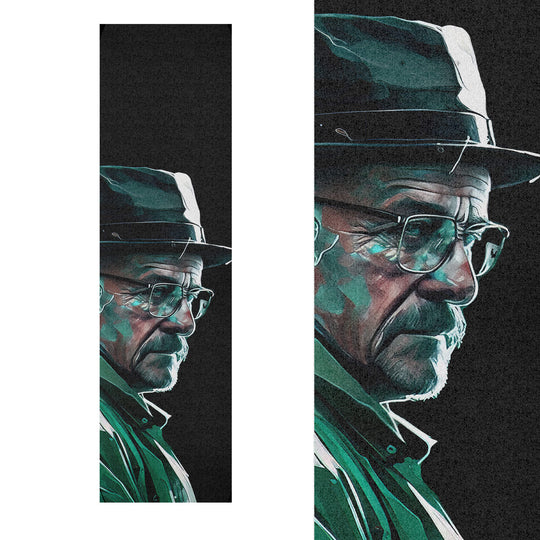 Detailed image of Skateboard Grip Tape, uncut to showcase differential sizing opportunities. Black and dark green artwork detail.