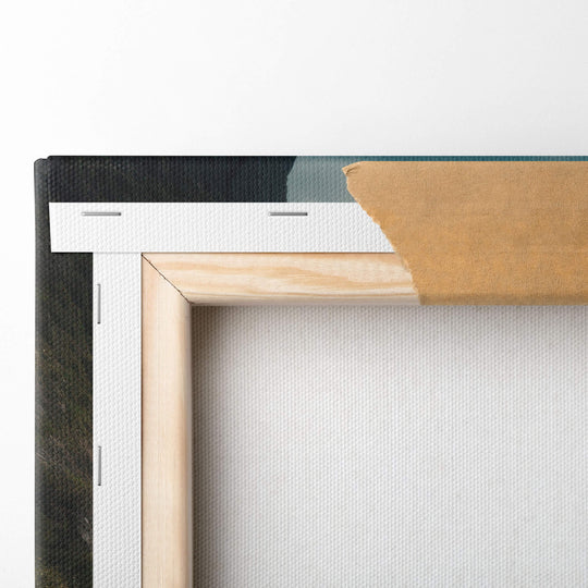 A detailed image of the stretcher bars on a canvas print displaying the top left corner of the canvas.