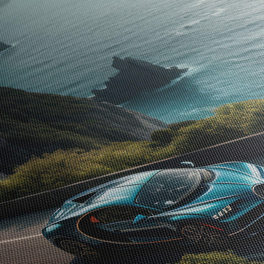 A close-up image of the high-quality detail and texture on a canvas print of a blue Bugatti Chiron with vibrant orange.