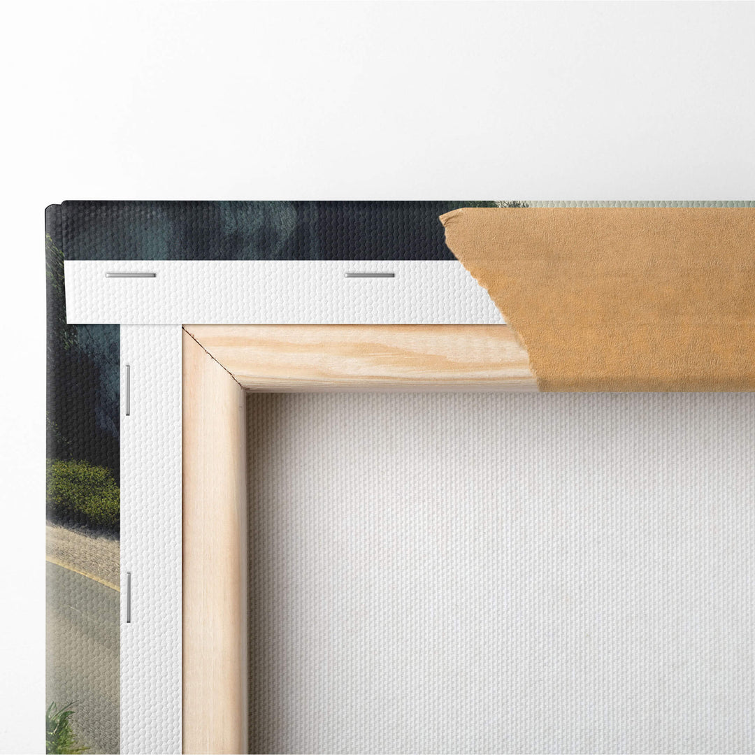Detailed image of the top left-hand corner of the canvas print showing the canvas stretched over the stretcher bars and stapled.