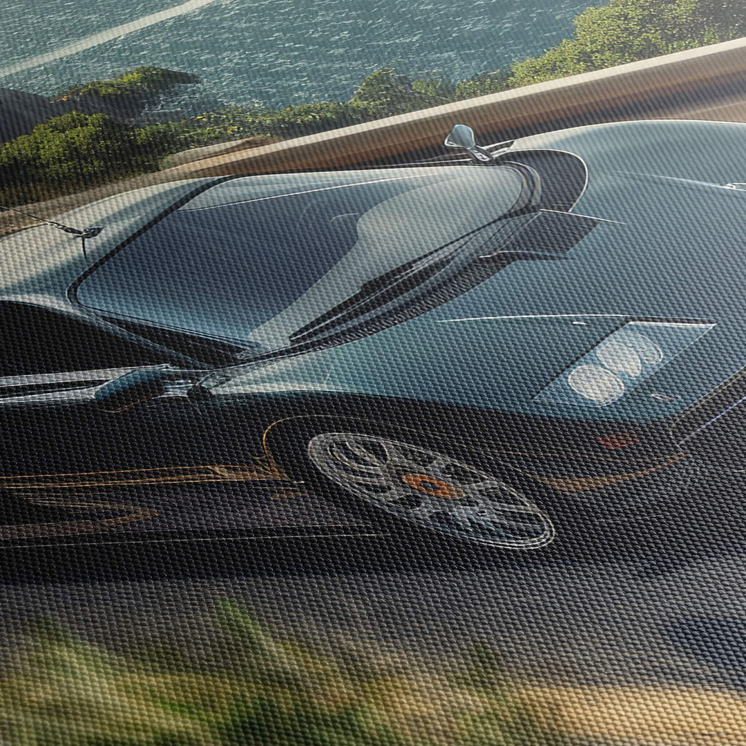 Close-up image of the canvas print, highlighting the texture of the canvas material and the intricate details of the car.