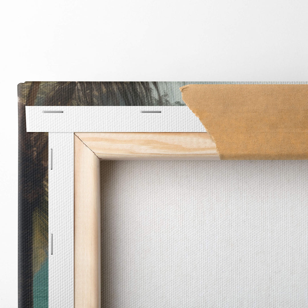 The back of this high-quality canvas print showcases expert craftsmanship with the top left corner folded over and stapled.