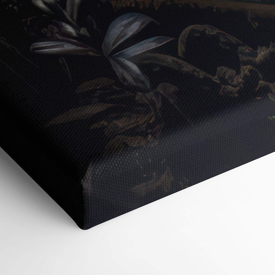 Elevated view of the corner of the astronaut in a jungle canvas print. Stretched over 1.5” stretcher bars for a seamless finish.