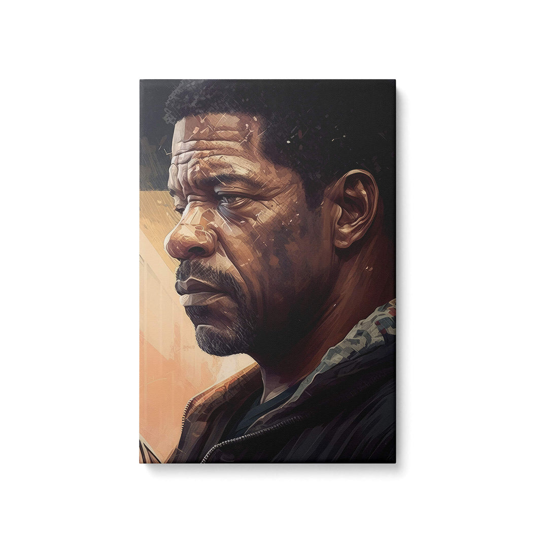 Denzel Washington as a confident and intense cop, captured in stunning detail on canvas with textured high quality colors.