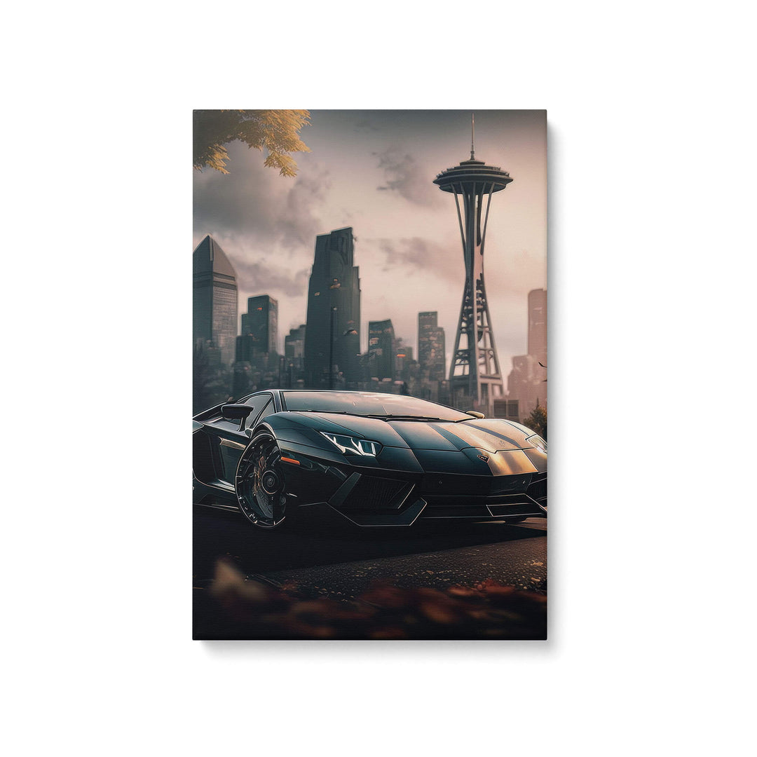 Lamborghini Aventador in Fall Cityscape Canvas Print, Seattle. Cloudy, dim fall season mood, beautiful contrast of the car.