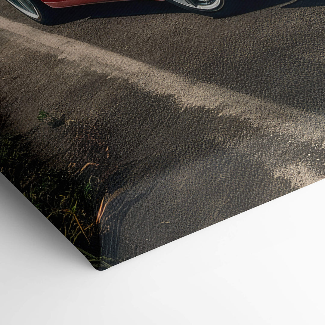Elevated view of corner of canvas print of red Ferrari 360 Modena on 1.5” stretcher bars, highlighting the stretched canvas.