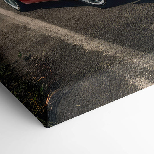Elevated view of corner of canvas print of red Ferrari 360 Modena on 1.5” stretcher bars, highlighting the stretched canvas.