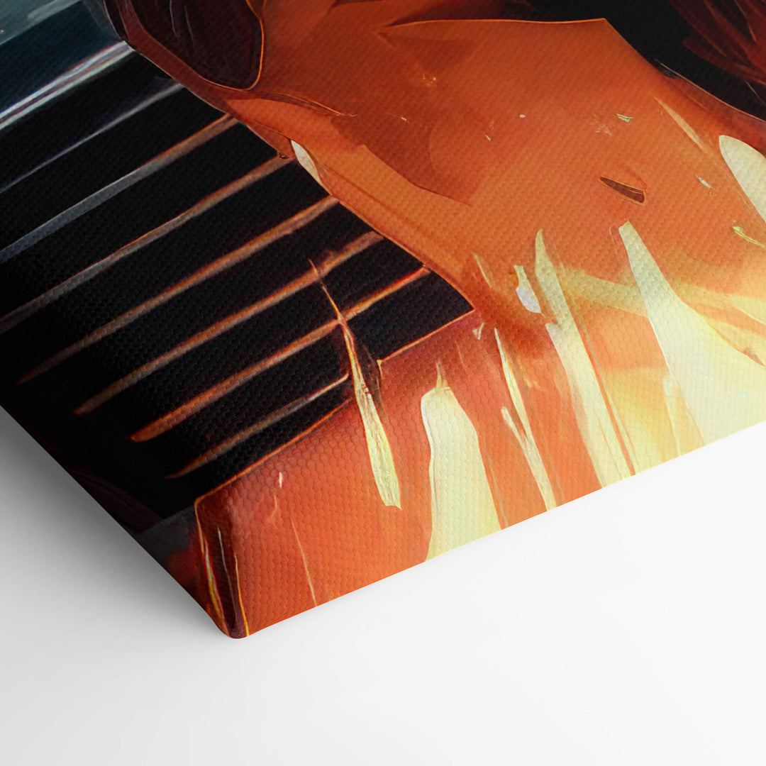 Elevated view of the corner of the canvas print, showcasing the detail of the stretched canvas material and the sleek black suit.