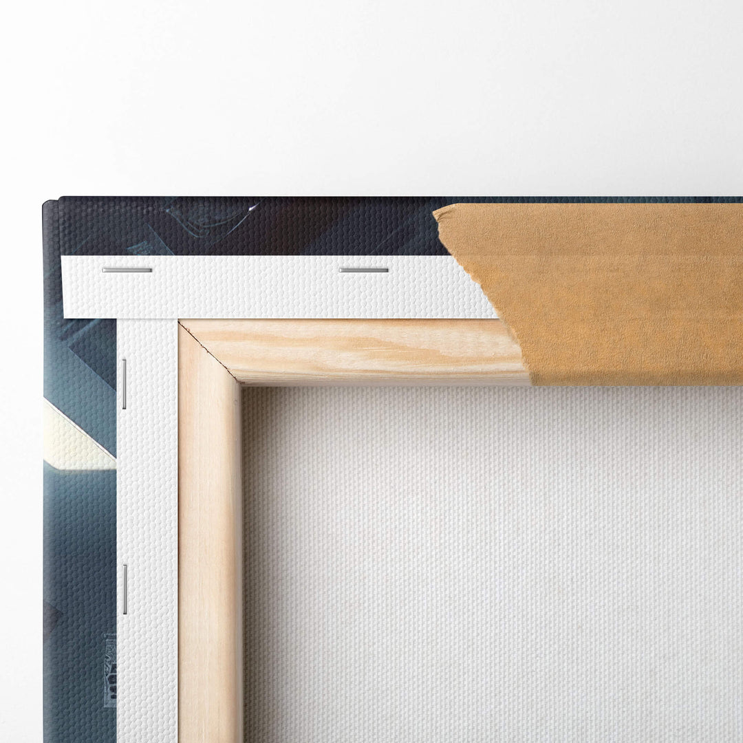 Detailed view of top left corner of the canvas, showcasing the high-quality stretcher bar and canvas material.