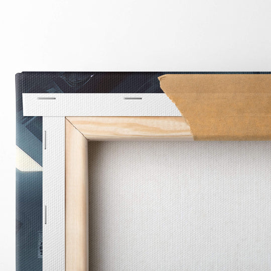 Detailed view of top left corner of the canvas, showcasing the high-quality stretcher bar and canvas material.