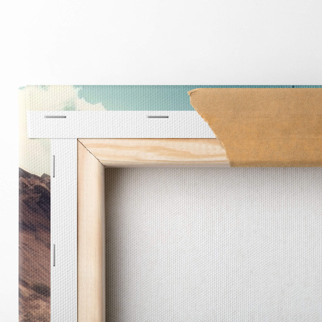 Close-up of the top left corner of a Ford rally car canvas print on a 1.5" stretcher bar. The canvas is stretched and stapled.