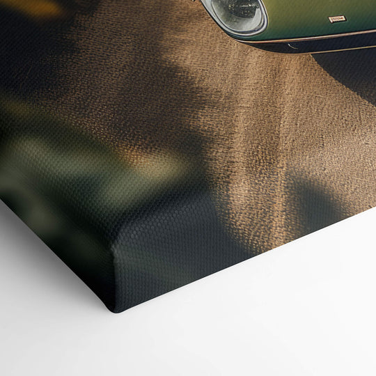 Elevated view of corner of high quality canvas print with green Lamborghini Miura with yellow racing stripes.