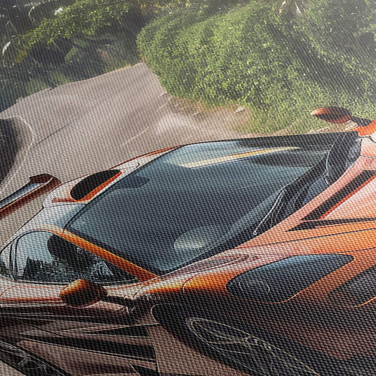 Close-up of the canvas print, displaying the texture and detail of the print. Feel the warmth of the orange McLaren.