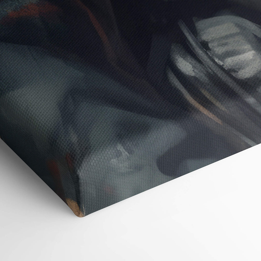 Elevated view of the corner of the canvas print, showcasing the quality of the stretch over the corner. Modern Warfare battle scene.