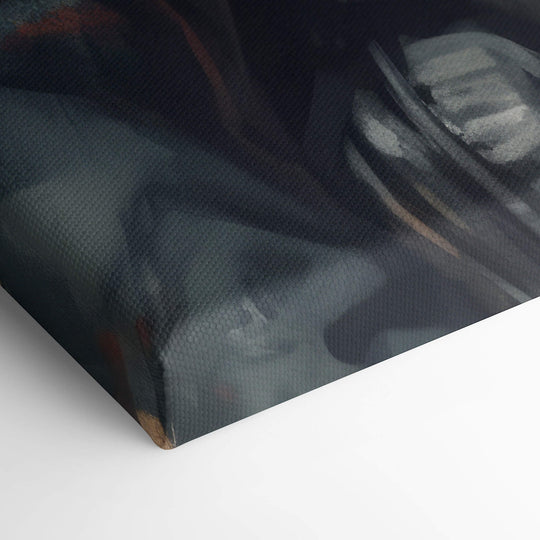 Elevated view of the corner of the canvas print, showcasing the quality of the stretch over the corner. Modern Warfare battle scene.