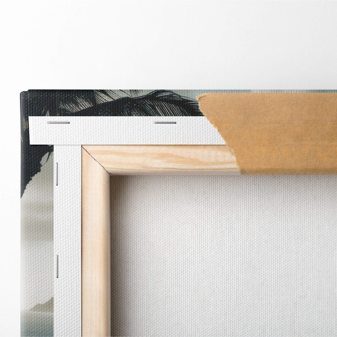 Close-up image of the top left corner of the canvas print, showing the can folded over the stretcher bars.