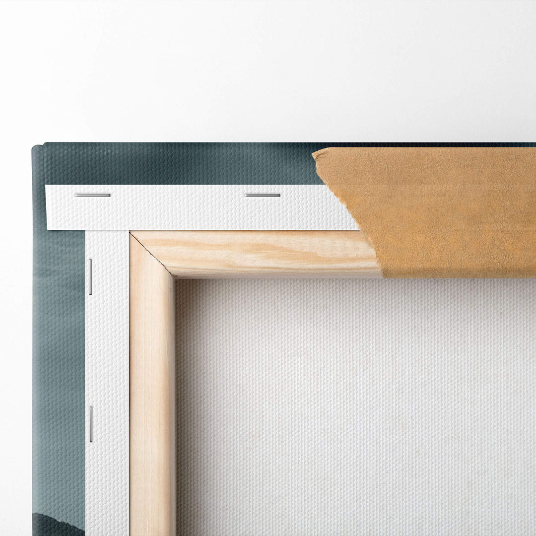 Close-up showing detail of stretched canvas frame construction of Nissan R390 print and the quality contrasting colors.