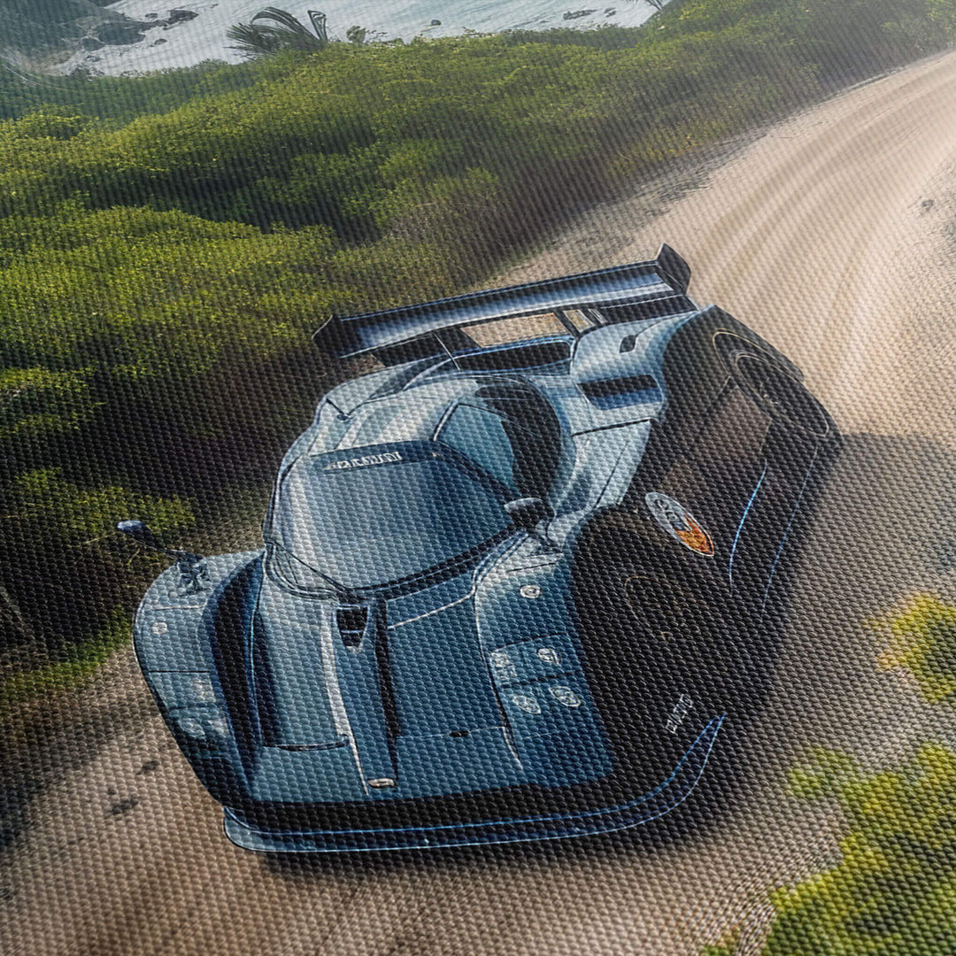 Detailed image showing the print quality of a Nissan R390 printed on stretched canvas and textured art board.