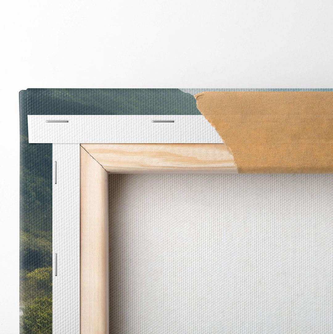 The expert craftsmanship of this canvas print is displayed on the back, with the top left corner folded over and stapled.