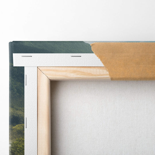 The expert craftsmanship of this canvas print is displayed on the back, with the top left corner folded over and stapled.