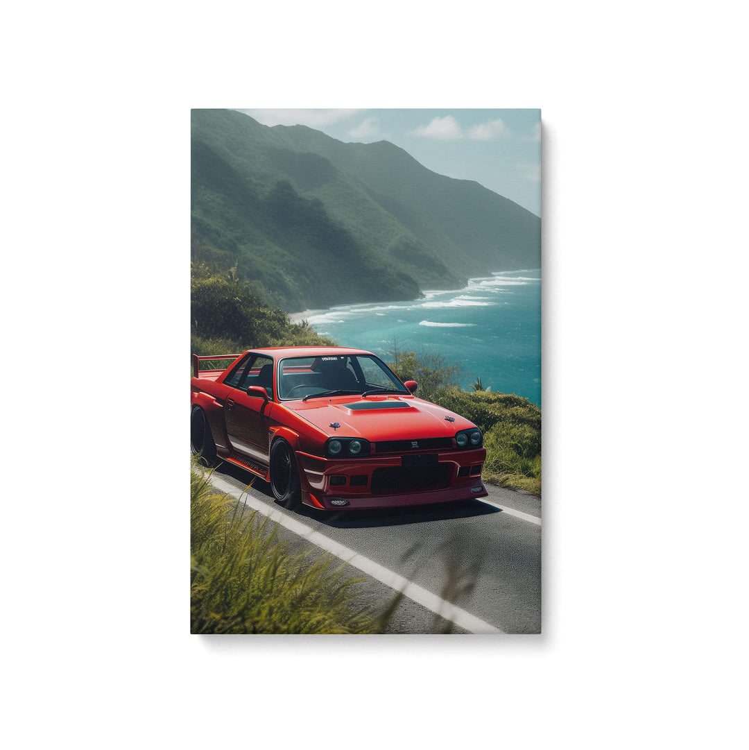 A high-quality canvas print of a deep orange Nissan Skyline GT-R V-Spec ll driving along the Hawaiian coastline.