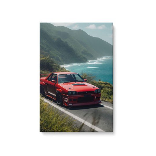 A high-quality canvas print of a deep orange Nissan Skyline GT-R V-Spec ll driving along the Hawaiian coastline.