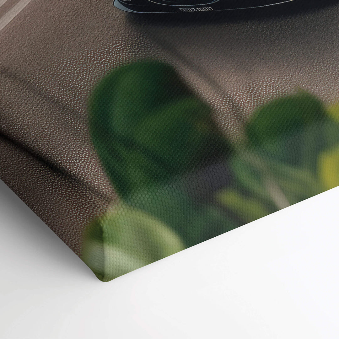 Elevated view of the corner of a high-quality canvas print, displaying the stretched canvas and detail of the Panoz Esperante GTR-1.