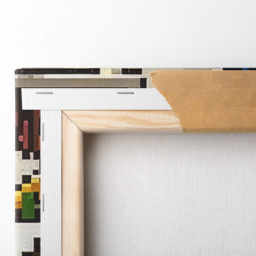 Close-up of the back of the canvas, showcasing the quality stretcher bars and staples used in mounting the NFT Pixel Avatars.