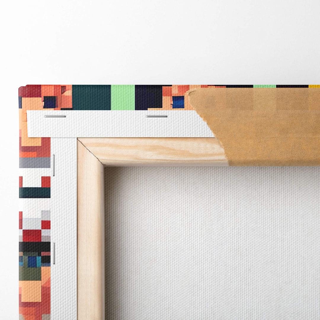 Close-up of the top left corner of the canvas, showcasing the high-quality stretcher bars and staple fastening.