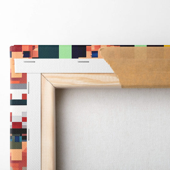 Close-up of the top left corner of the canvas, showcasing the high-quality stretcher bars and staple fastening.
