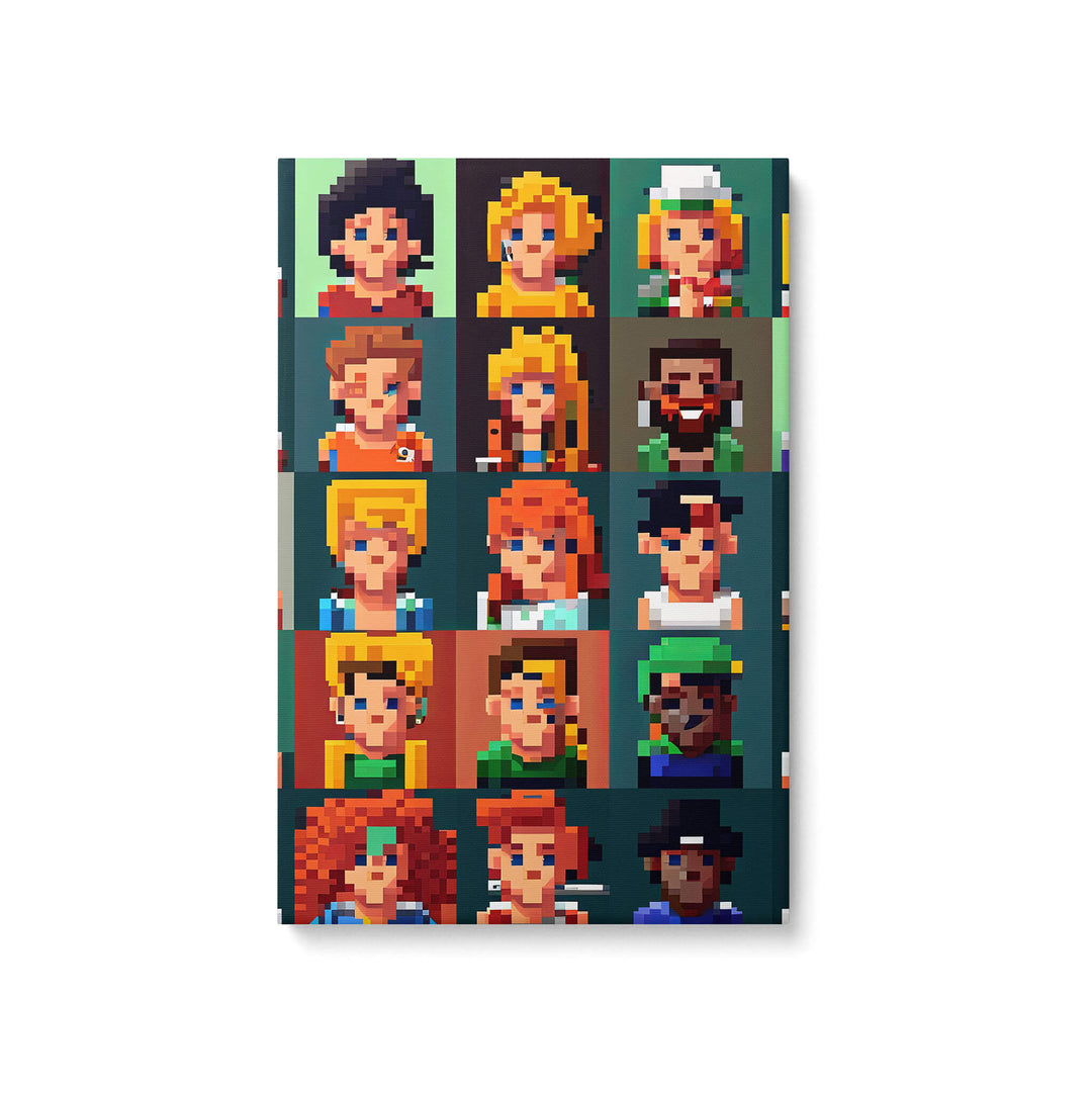 Colorful digital artwork on a white canvas, featuring NFT characters with intricate designs and pixelated shapes.