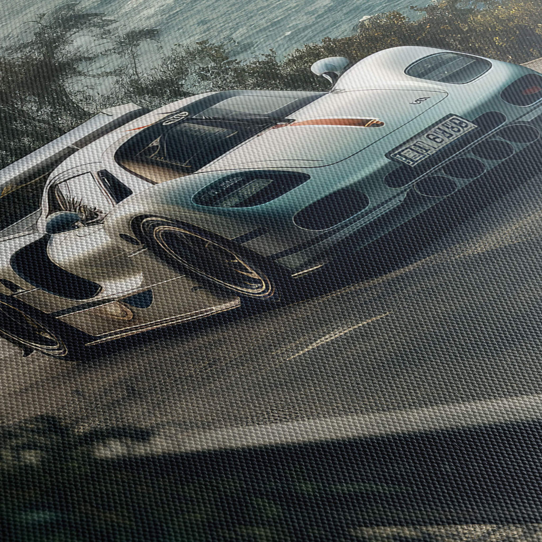 Close-up of silver Porsche 911 GT1 Strassenversion canvas print, showcasing texture and vivid colors.