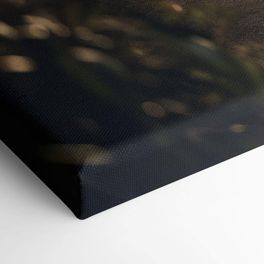 Elevated view of the corner of a canvas print with a White Porsche 911 GT3, showcasing its quality and stretched canvas.