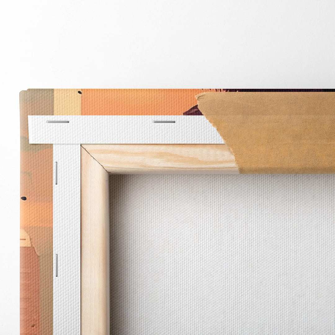 Detailed image of the back of canvas print - stapled and stretched over 1.5" stretcher bars for high quality and durability.