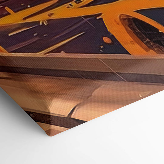 Elevated view of canvas print corner - highlights the Porsche GT3's sleek design and the canvas' high quality stretching.