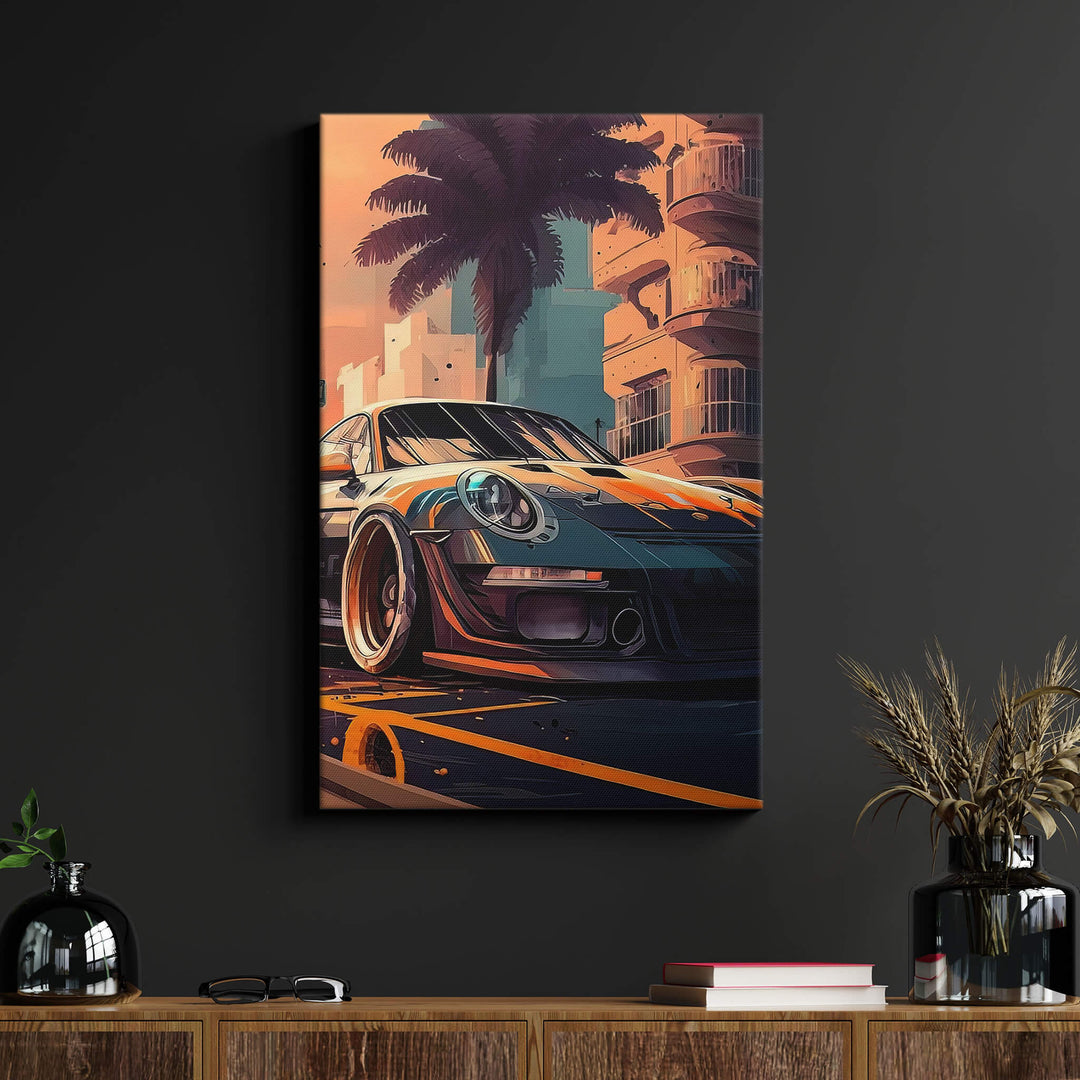 Porsche GT3 canvas print on black wall above wood desk - stunning sketch of Porsche GT3 for the ultimate car enthusiast.