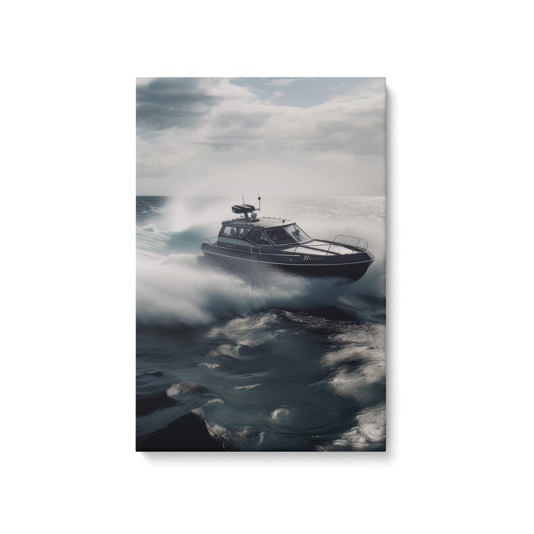 A vibrant speed boat racing through the cloudy ocean waves, with a frothy wake trailing behind, on a white background.