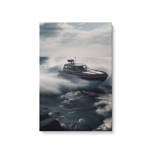 A vibrant speed boat racing through the cloudy ocean waves, with a frothy wake trailing behind, on a white background.