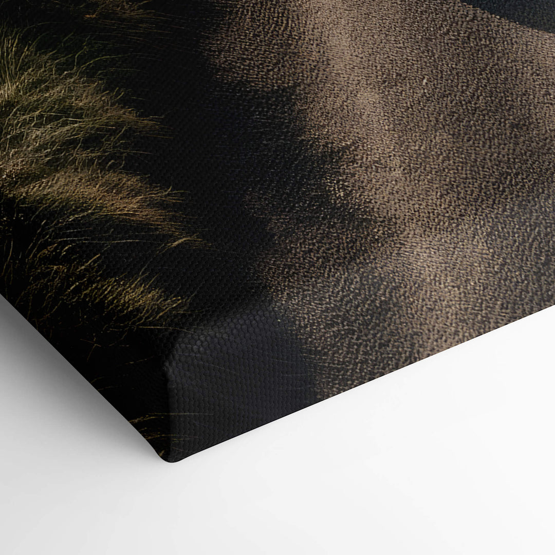 Elevated view of the corner of the canvas print, showing how it's expertly stretched over the stretcher bars.
